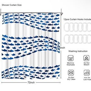 NWT Fun Kid Nautical Fish Blue & White Fabric Shower Curtain 72"x72" with hooks!